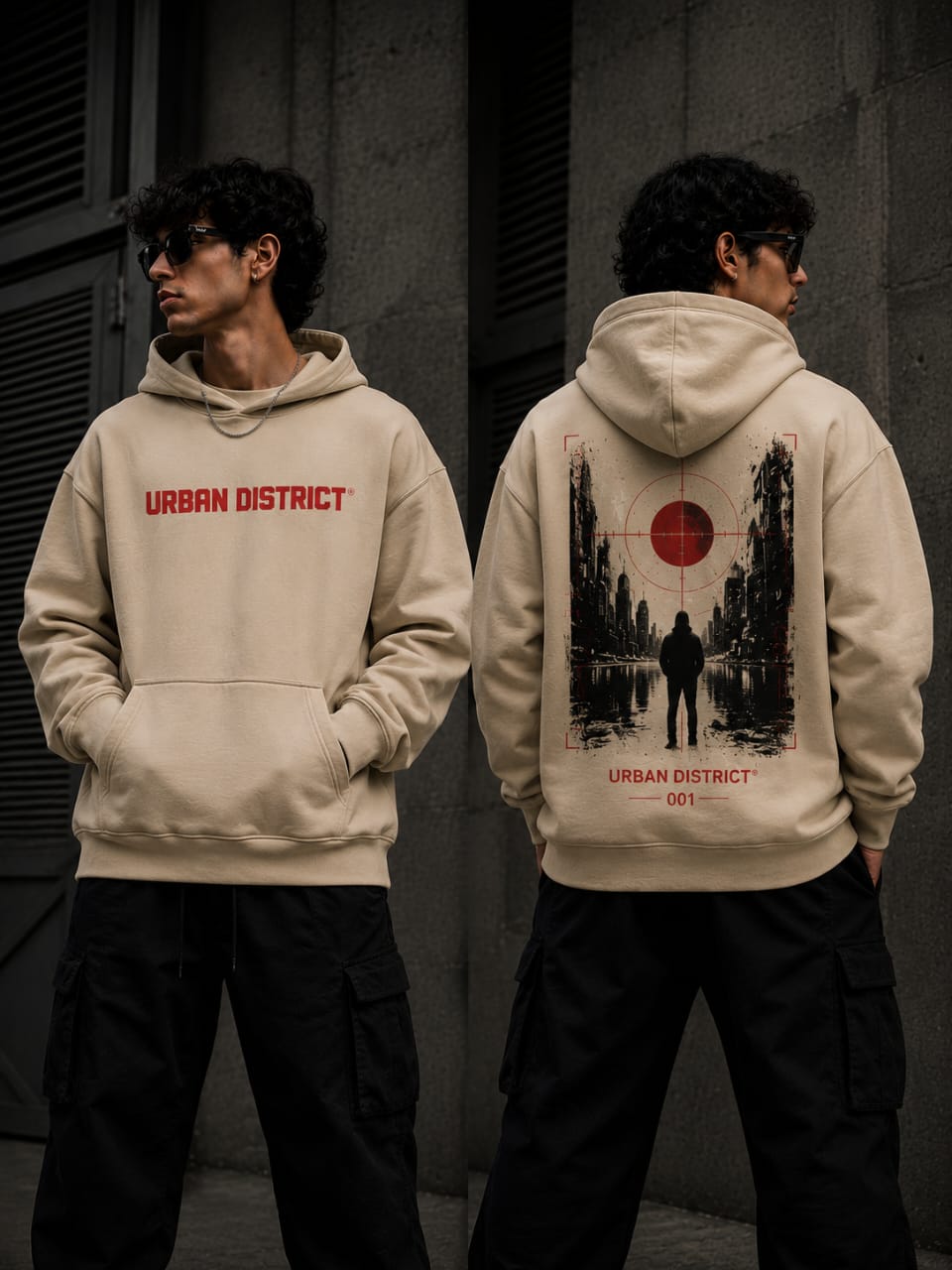 Urban District® – Oversized Korean Yarn Graphic Hoodie | Sand Beige