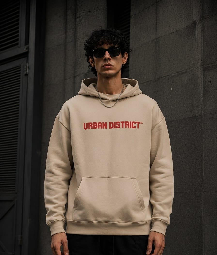 Urban District® – Oversized Korean Yarn Graphic Hoodie | Sand Beige
