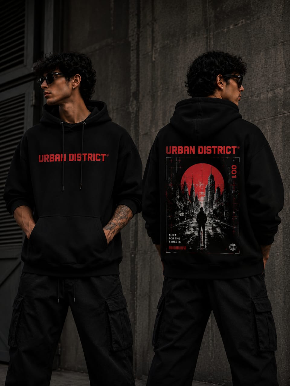 Urban District® Red Horizon – Oversized Graphic Hoodie | Black