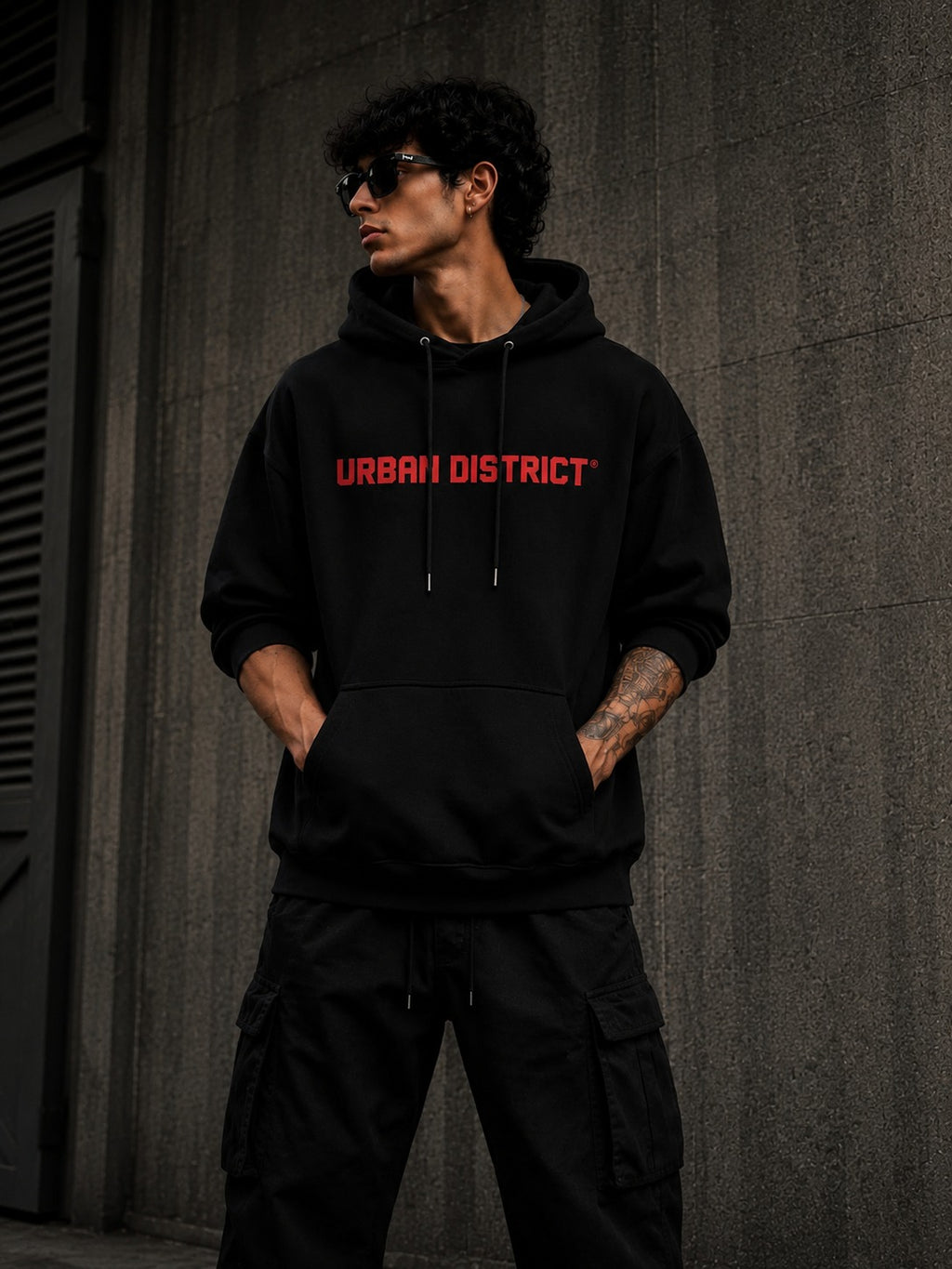 Urban District® Red Horizon – Oversized Graphic Hoodie | Black