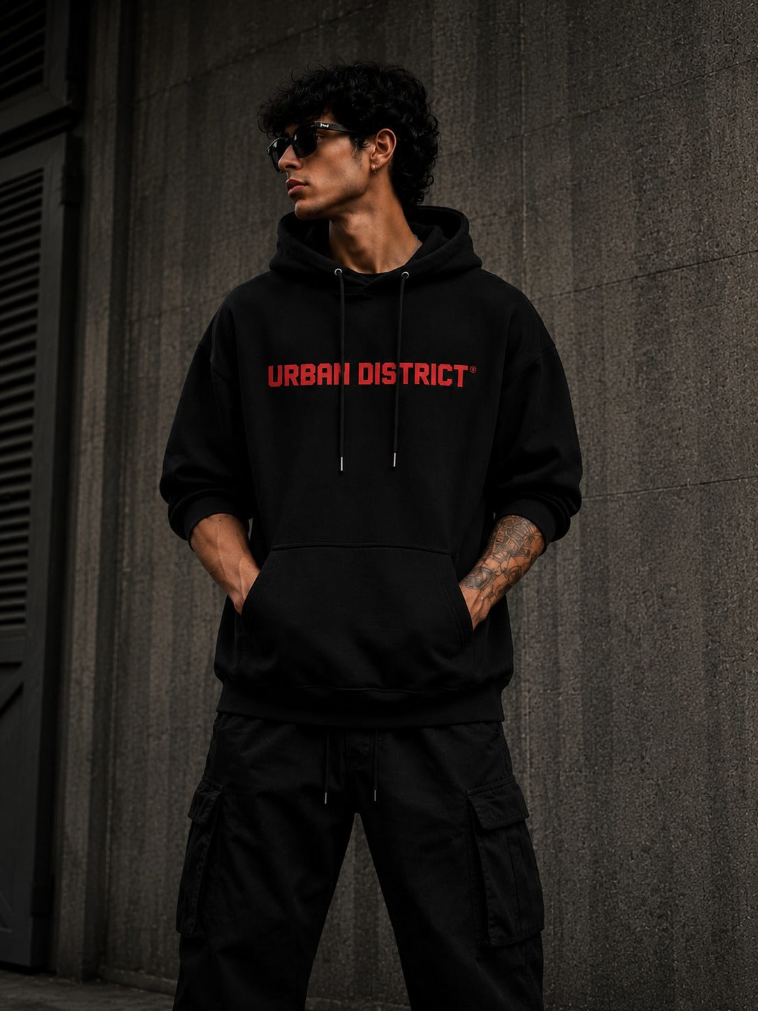 Urban District® Red Horizon – Oversized Graphic Hoodie | Black