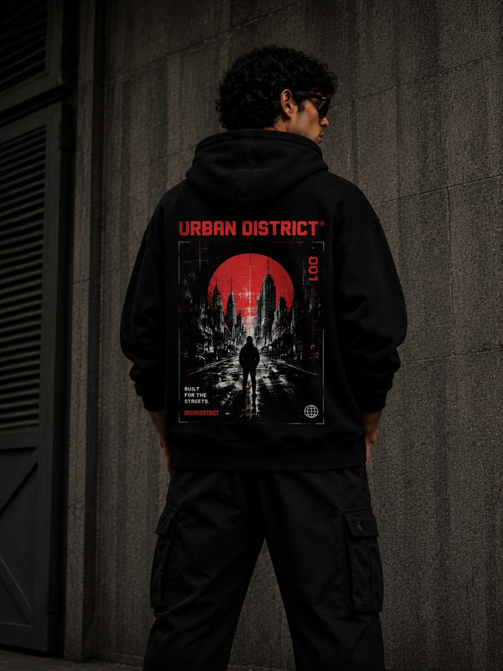 Urban District® Red Horizon – Oversized Graphic Hoodie | Black