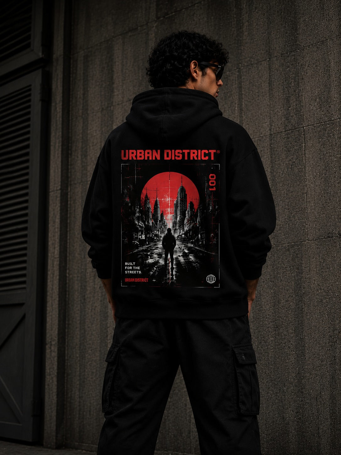 Urban District® Red Horizon – Oversized Graphic Hoodie | Black